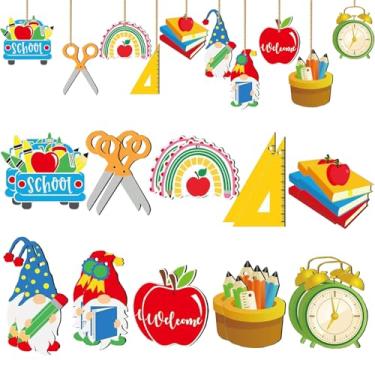 Imagem de 20 peças de ornamentos para pendurar árvores de volta às aulas - maçãs de caminhão escolar, letreiros de madeira, livros de réguas, recortes de madeira para decoração de sala de aula de volta às aulas