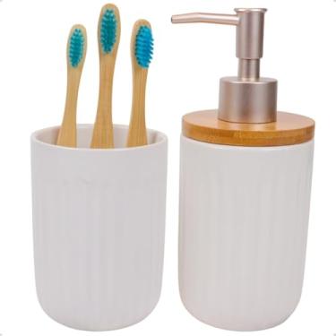 Imagem de Conjunto 2 Peças para Banheiro Porta Sabonete Líquido e Porta Escovas de Cerâmica Canelado Branco