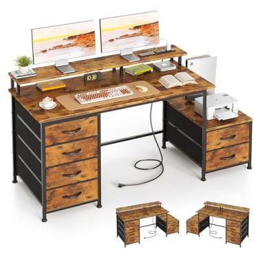 Imagem de Mesa de computador com gaveta de arquivo, mesa de escritório doméstico com prateleiras, suporte para monitor, mesa de estudo, escrita, jogos, tomadas, mesa de trabalho com espaço para impressora