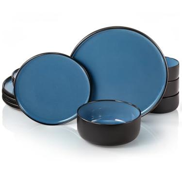 Imagem de Conjunto de louça, serviço de 12 peças para 4, vaso e vaso, pratos de jantar de cerâmica de 26,7 cm, pratos de salada de 21 cm e tigelas de 567 g, grés, micro-ondas e lava-louças, preto/azul ardósia