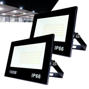 Imagem de Kit com 2 Refletor LED Holofote 100W Branco Frio 6500K - IP66 à Prova d’Água Econômico para Jardim, Fachada e Quintal Premium