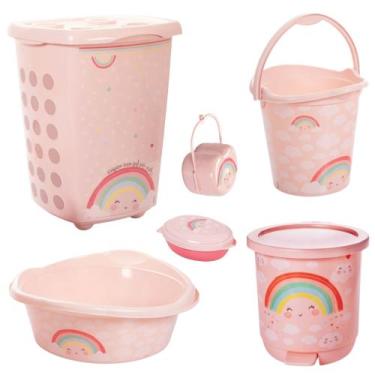 Imagem de Kit cesto de roupa de bebê decorada plasutil 6 peças + bacia + lixeira