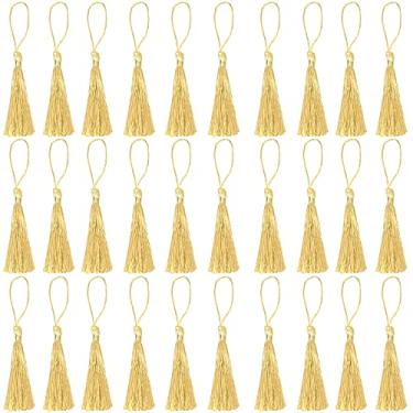 Imagem de VAPKER 30 peças de borlas douradas claras 13 cm/5 polegadas de seda feitas à mão macias mini borlas de fio dental borlas com laço de corda de 5 polegadas para fazer joias, projetos faça você mesmo, marcadores de livro