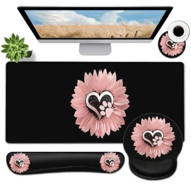 Imagem de Mouse pad grande, mouse pad ergonômico com descanso de pulso e teclado descanso de pulso conjunto 4 em 1, 80 x 30 cm de mesa estendida para escritório em casa, lindo padrão de girassol rosa XXL preto