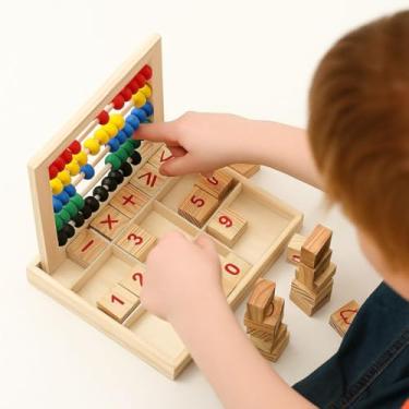 Imagem de Ábaco Educativo de Madeira Infantil Brinquedo Didático de Contagem, Cores e Números Matemática Coordenação Motora 1 a 6 anos Multicolorido 5 Hastes com Blocos Númericos Estudo Lúdico