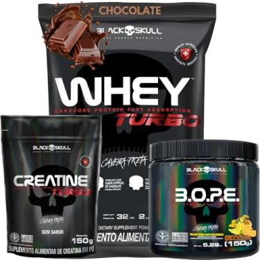 Imagem de Kit Creatina Monohidratada Turbo 150g + Whey Protein Turbo Concentrado + Pré-Treino B.O.P.E 150g - Black Skull (Whey Turbo Chocolate - B.O.P.E Frutas Amarelas)