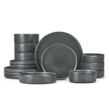 Imagem de Herogo Conjunto de pratos e tigelas de 16 peças, conjuntos de louça de cerâmica com tigelas de massa, serviço de pratos de jantar de cozinha para 4, louça resistente a lascas e arranhões, cinza escuro
