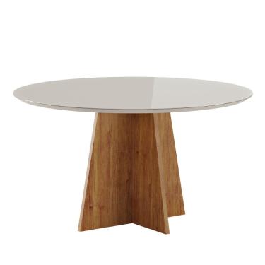 Imagem de Mesa de Jantar Redonda 135cm com Tampo de Vidro Mundy Viero - Mel/Off White