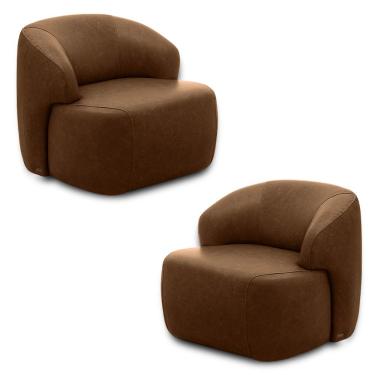 Imagem de Kit 2 Poltronas Decorativas Charlote Sala de Estar Base Fixa Couro Marrom Claro Manchado G88 - Gran Belo