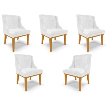 Imagem de Kit 5 Cadeiras Decorativas Sala de Jantar Base Fixa de Madeira Firenze PU Branco Brilho/Castanho G19 - Gran Belo