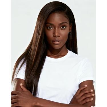 Imagem de Peruca de 61 cm marrom escuro Yaki Straight V Part Wig, sedoso liso natural Wear And Go Black sem cola, cabelo sintético resistente ao calor macio como cabelo humano meia peruca em U para mulheres