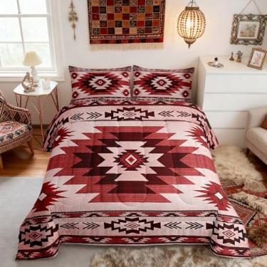 Imagem de Conjunto de cama queen estilo boêmio, vintage, listras vermelhas, tribal, quadriculado, para crianças, adolescentes e adultos, retrô, geométrico, xadrez, étnico, edredom com 2 fronhas