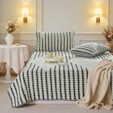 Imagem de Conjunto de colcha de veludo boêmio de luxo com 3 peças, tamanho Queen, leve e decorativo, para todas as estações, cobertor macio com 2 fronhas, bege