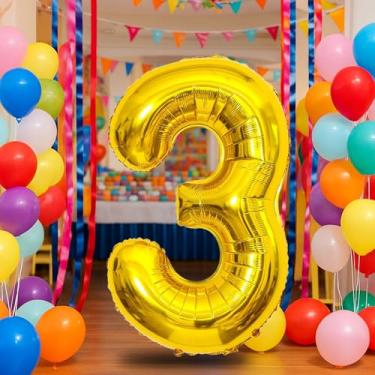 Imagem de Balão dourado número 3 de 101 cm para decoração de 3º aniversário, balões autoinfláveis com número de folha de creme de 0 a 9, balão de hélio de areia branca para meninos, meninas, mulheres, homens