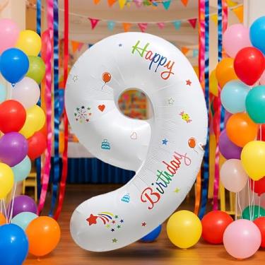 Imagem de Balão branco número 9 de 81 cm para decoração de 9º aniversário, balões autoinfláveis com números de folha de creme de 0 a 9, balão de hélio de areia branca para meninos, meninas, mulheres, homens