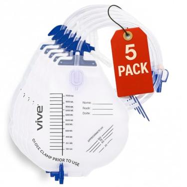 Imagem de Vive Saco de drenagem urinária de cabeceira com capacidade de 2000 ml, tubo de 45,7 cm - Bolsa de urina médica para usuários de cateter e incontinência - Válvula antirrefluxo, sem látex, resistente a