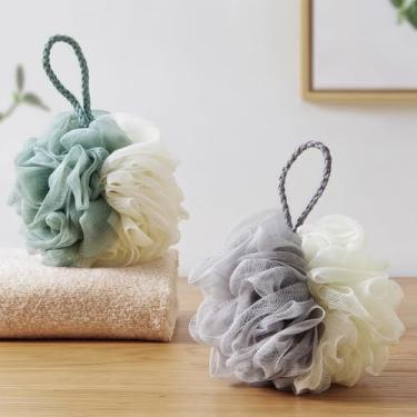 Imagem de Esponja de bucha de banho, 2 peças de bola de pufe de bucha de chuveiro 50 g - esfoliante corporal, esponja de banho para homens e mulheres, cinza + verde