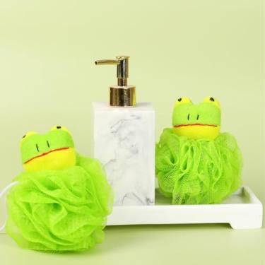Imagem de 2 pacotes de esponjas de banho de sapo verde de desenho animado, pufes de banho de espuma de malha macia, esfoliantes para sabonete líquido
