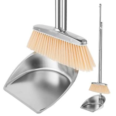 Imagem de Conjunto de vassoura e pá de lixo com cabo longo, escova rotativa leve de 180 graus e bandeja de pó giratória de 180° com clipe de vassoura para escritório em casa (redondo)