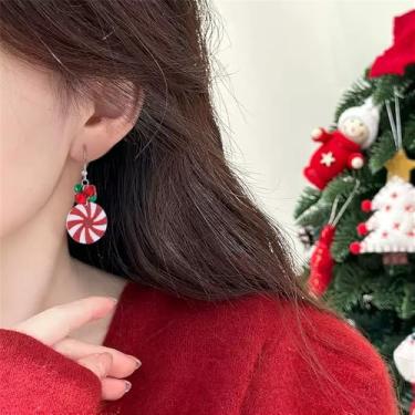 Imagem de Brincos de Natal com pingente de sino sininho com moeda redonda, enfeite fofo para mulheres, delicado anzol vermelho e verde, pendurado, hipoalergênico, festival, festa de Natal, joia para filha