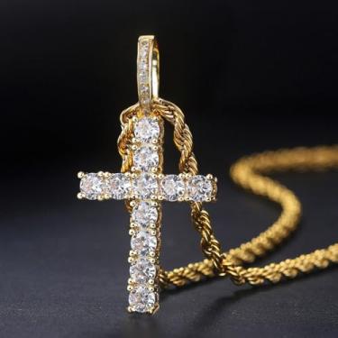 Imagem de Colar de cristal masculino com pingente de cruz, joia com elos cubanos, corrente brilhante para acessórios, 23.6IN, Liga de aço, Sem Pedra Preciosa