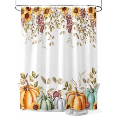 Imagem de Cortina de chuveiro de outono de ação de graças, laranja, verde-petróleo, abóbora, tecido lavável à prova d'água, conjunto de cortinas de banheiro para decoração de banheiro, 182 x 182 cm de