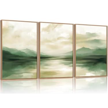 Imagem de FWIEXA Conjunto de 3 arte de parede abstrata em tela verde sálvia, pintura de paisagem branca bege emoldurada, impressões de montanha em aquarela neutra, impressões de lago, montanhas naturais, arte