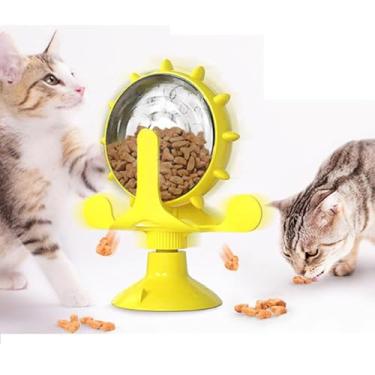 Imagem de Brinquedos interativos para gatos, brinquedos de moinho de vento para gatos, roda giratória luminosa para arranhar, limpar e mastigar os dentes (amarelo com roda rotativa)