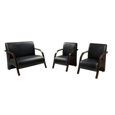 Imagem de Kit 3 Peças Poltrona Braço Madeira Courino Preto