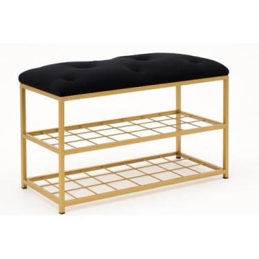 Imagem de Banco Sapateira 2 Andares Metal Dourado com Estofado Veludo Reforçado Puff(47x30x60cm)(preto)