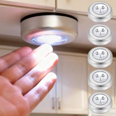 Imagem de 5 peças de lâmpada de pressão com 3 contas de lâmpada, luz noturna com disco de toque para armário, embaixo do armário, pacote de cartão de sucção sem bateria