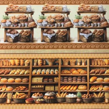 Imagem de Tecido Tricoline Digital Barrado Pães 10 Faixas 0,55 x 1,50m Estampas Diferentes 100% Algodão