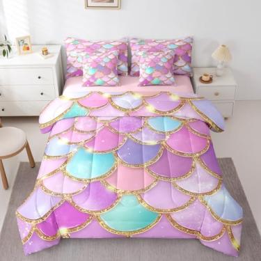 Imagem de Jogo de cama solteiro com escama de peixe com glitter em escala de sereia 3D colorido em um saco, para crianças, meninos, adolescentes, roxo e lençol com edredom para decoração de quarto