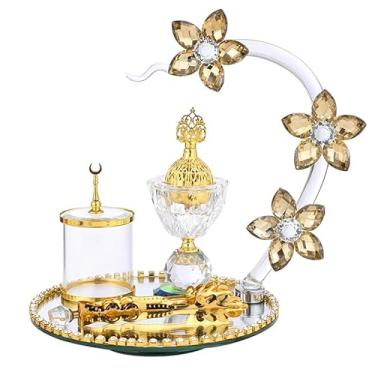 Imagem de Porta-incenso decorativo Conjunto de queimador incenso flor cristal 4 peças, com frasco especiarias, pinças e bandeja redonda, incensário cone resina olíbano para aromaterapia spa ioga