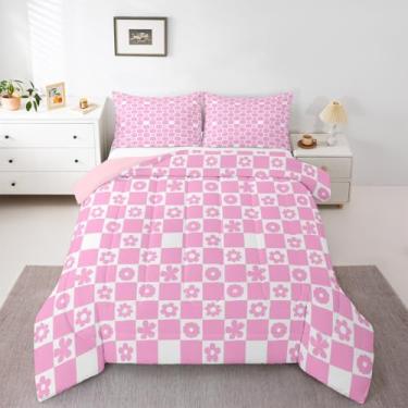 Imagem de Feelyou Conjunto de cama xadrez rosa macio para meninos e meninas, conjunto de edredom floral fofo, tamanho casal, quadriculado, edredom de microfibra, quadriculado, geométrico, decoração de quarto, 3