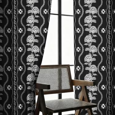 Imagem de Cortinas pretas e brancas de 213 cm de comprimento para sala de estar, quarto, 2 painéis, vintage, floral, boho, botânica, semitransparentes, estampa de folhas de fazenda, design de janela, 132 cm de