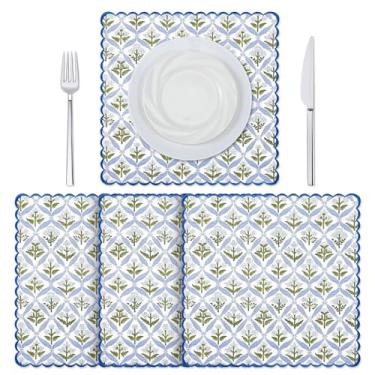 Imagem de LemonRoad Conjunto de 4 tapetes de algodão Boho 38 x 38 cm com bordado ondulado ondulado estampado floral em camadas duplas laváveis tapetes de mesa de jantar quadrados para decoração de mesa de