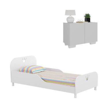 Imagem de Cama Solteiro 100% Mdf Com Colchão E Mesa De Cabeceira 2 Portas Multimóveis Mp4186 Branca Branco