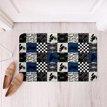 Imagem de Tapete de banho antiderrapante Dirt Bike preto cinza azul motocross Rider tapete de banheiro crianças meninos adolescentes homens corrida temática patchwork grade tapete absorvente moderno motocicleta