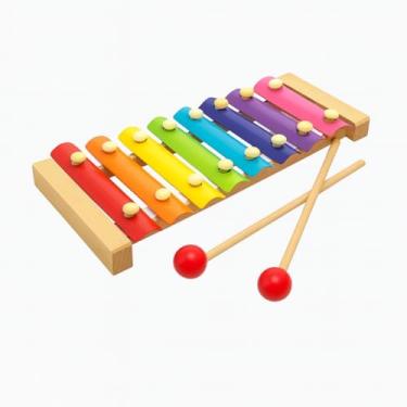 Imagem de Xilofone Infantil em Madeira 8 Notas Coloridas com 2 Baquetas Brinquedo Educativo Montessori Cordenação Motora e Estímulo Sensorial