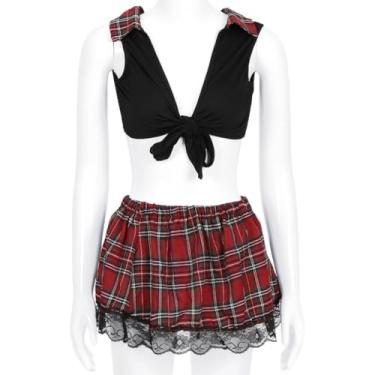 Imagem de Chewtoyo Conjunto de lingerie de cosplay de estudante, fantasia de duas peças com saia xadrez e blusa de gravata para mulheres
