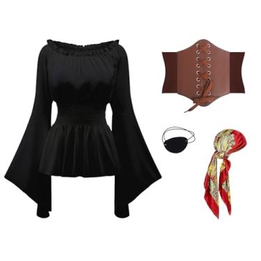 Imagem de 4 peças de fantasia de pirata feminina - inclui camisa renascentista feminina, espartilho pirata bandana - roupa de cosplay de carnaval de Halloween (preto, 3GG)