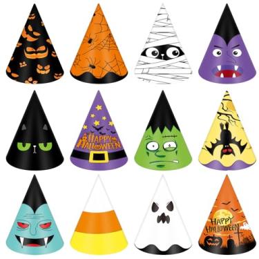 Imagem de Simlakey 24 peças de chapéus de cone de papel de Halloween, bruxa, abóbora, fantasma, morcego, aranha, adereços para fotos de festa de Halloween (vintage)