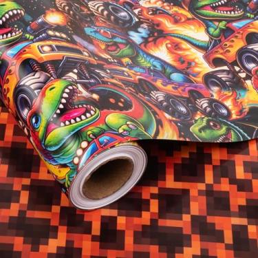 Imagem de Altarho Rolo de papel de embrulho reversível de caminhão monstro para crianças, meninos, carro de corrida de dinossauros e lava, folhas de embrulho para presente de vulcão, Halloween, chá de bebê