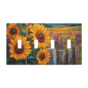 Imagem de LuHuoLu Placa decorativa para interruptor de luz, rústico, girassol, lavanda, muzha, placa de parede de 4 grupos, placa de parede grande, quadriciclo, interruptor, placa jumbo