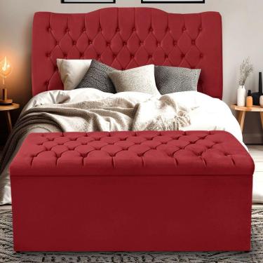 Imagem de Kit Cabeceira E Calçadeira Baú Dunas Casal 140 Cm - Veludo Vermelho