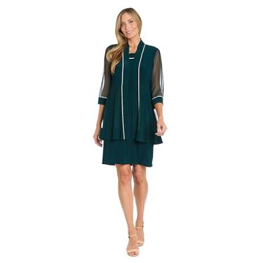 Imagem de R&M Richards Conjunto de vestido feminino de 2 peças na altura do joelho com jaqueta transparente com manga 3/4 enfeitada - roupa formal para coquetéis, Caçador, 48