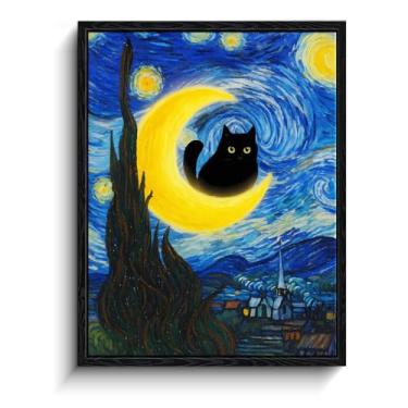 Imagem de Arte de parede emoldurada de gato preto, gato preto engraçado na lua crescente em Van Gogh pintura inspirada na noite estrelada, impressão artística texturizada, pintura estética para quarto, sala de