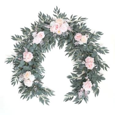 Imagem de Angela flower Flor artificial de primavera, champanhe empoeirado, guirlanda rosa, folha de eucalipto e salgueiro e rosa, arranjo floral de arco de casamento para decoração de mesa de coração