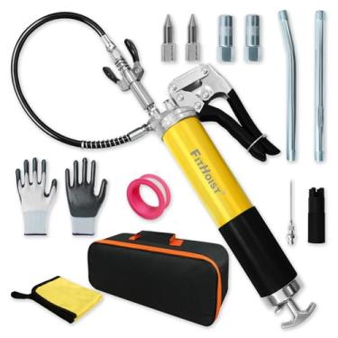 Imagem de FITHOIST Kit de pistola de graxa versátil de 15 peças, pistola de graxa à prova de vazamento com capacidade de 7000 PSI 396 g, mangueira de mola de 45 cm, bocal de alça dupla, acoplador, fita de